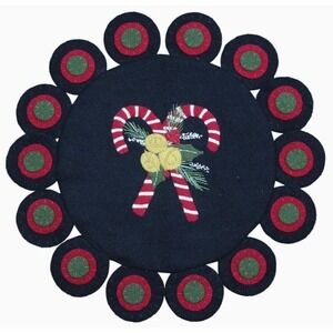Primitive CANDY CANE Christmas‎ Candle Mat Penny Rug Wool Felt 15" New